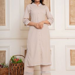HOUSE OF MORA Floral Embroidered Thread Work Mandarin Collar Kurta with Trousers-image-45