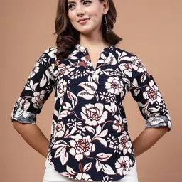 EVERYDAY by ANI Floral Print Mandarin Collar Roll-Up Sleeves Cotton Top-picture-1