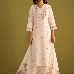 Indo Era Floral Embroidered Thread Work Straight Kurta With Trouser And Dupatta-11