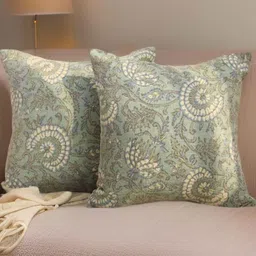 Aura Blue & Beige 2 Pieces Floral Woven Design Square Shaped Cushion Covers-image-51