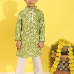Cutiekins Boys Ethnic Motifs Printed Band Collar Kurta With Pyjamas-1