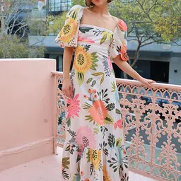 bebe Tropical Print Flared Sleeve Maxi Dress-image-27