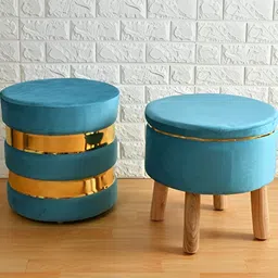 Shadowkart 2 Pcs Blue Wooden Pouffe Ottoman-52