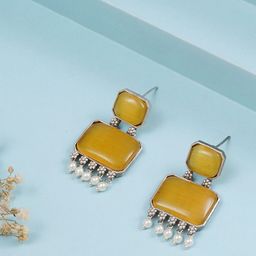 JEWILLEY Silver-Plated Artificial Stone Studded And Beaded Contemporary Drop Earrings-44