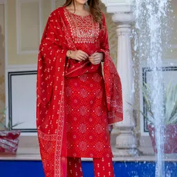 KALINI Women Bandhani Embroidered Regular Sequinned Pure Cotton Kurta with Trousers & With Dupatta-58