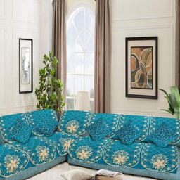 SAWNA HOMES Blue 6 Seater Embroidered Velvet L Shape Sofa Cover With Coushion Covers-image-78
