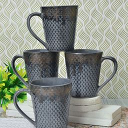 FABINALIV Grey 4 Pieces Textured Ceramic Glossy Mugs Set of Cups and Mugs-5
