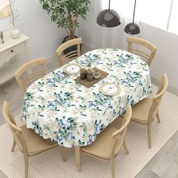Clasiko Off White & Blue Floral Printed Anti-Skid Cotton 6-Seater Table Cover-16