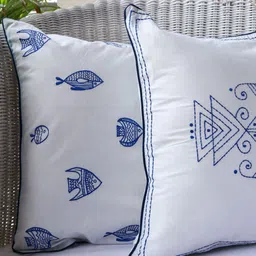 Crown of Poppies Indigo Fish Weave White 2 Pieces Printed Cotton Square Cushion Covers-15