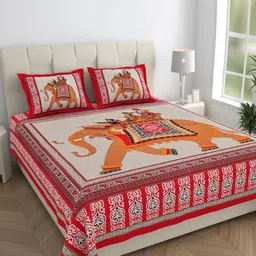 Monik Handicrafts Red & Yellow Printed 144 TC Cotton King Bedsheet Set 2.28 m x 2.62 m-35