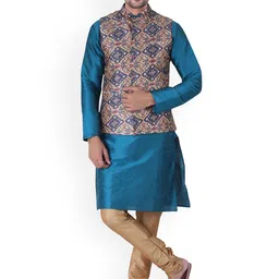 Sadree Mandarin Collar Dupion Silk Kurta And Churidar With Nehru Jacket Set-picture-3