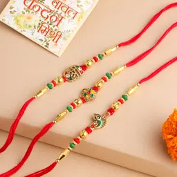 Anouk Set Of 3 Floral Stones Studded & Beaded Thread Rakhis & Roli Chawal Chandan Mishri-9