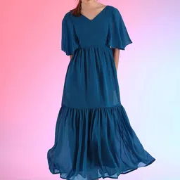 De La Moda Women Fit and Flare Flared Sleeve Maxi Dress-image-69