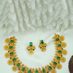 Diksha collection Brass-Plated Stone Studded Matte Finish Temple Jewellery Set-image-79
