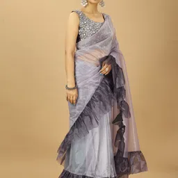 PATLANI STYLE Ruffle Style Twill Net Saree With Thread Embroidery Work Blouse Piece image 4