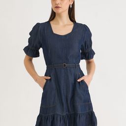 ELLE Women Solid Sweetheart Neck Contrast Stitch Denim Dress-picture-42