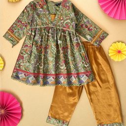 Bella Moda Girls Ethnic Motifs Printed Pleated Silk Crepe Kurti with Trousers-picture-37