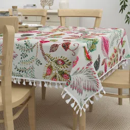 HOME AFFAIRS Beige Floral Anti-Slip Cotton 6-Seater Table Cover-10