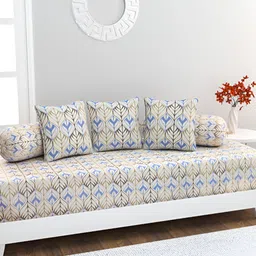 HOME AFFAIRS Off White & Blue 6 Pieces Printed Cotton 160 TC Single Diwan Set-17