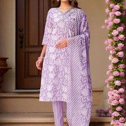 Banwaree Floral Printed Thread Work Pure Cotton Straight Kurta With Trousers & Dupatta-picture-27