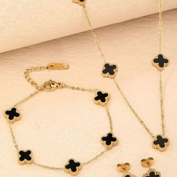 Designs & You Gold Plated Stone Studded Anti Tarnish Clover Jewellery Set-image-49