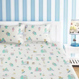 URBAN DREAM White & Blue Graphic 210 TC Queen Bedsheet with 2 Pillow Covers-image-61