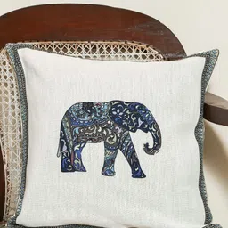 Crown of Poppies White & Blue Elephant Walk Printed Cotton Square Cushion Cover-image-12