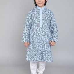 Little Clothings Boys Floral Printed Mandarin Collar Linen Kurta With Churidar-image-16