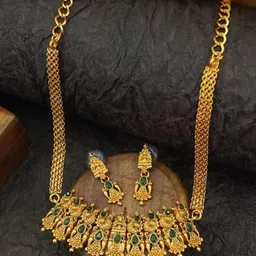 Diksha collection Brass-Plated Stone Studded & Beaded Matte Finish Temple Jewellery Set-image-32