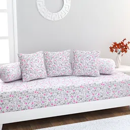 HOME AFFAIRS 6-Pcs White & Pink Printed Cotton 160 Thread Count Cotton Single Diwan Set-11