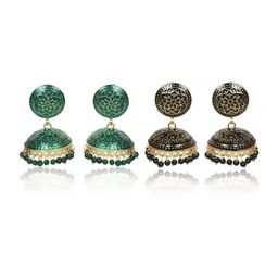 Nilu's Collection Set of 2 Brass-Plated Beaded Dome Shaped Meenakari Jhumkas-image-64