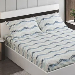 Home Centre Oxford White & Blue Printed Cotton 144 TC Super King Bedsheet Set-2.74mx2.74m-image-92