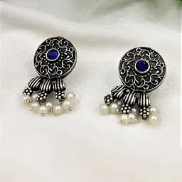 Yash Jewels Emporiums Silver-Plated Stones Studded & Beaded Circular Drop Earrings-12