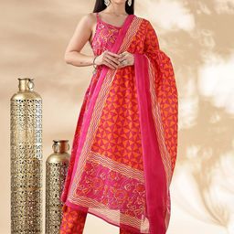 Anouk Pink Floral Printed Round Neck Pure Cotton Kurta with Trousers And Dupatta-24