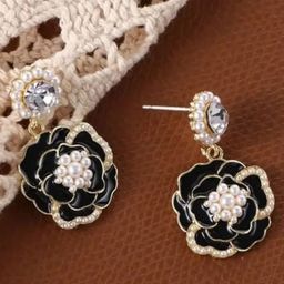 PASU FASHION Gold-Plated Artificial Stone Studded & Pearls Beaded Floral Drop Earrings-37
