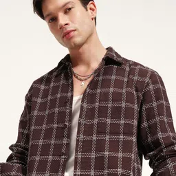 HIGHLANDER Checked Printed Spread Collar Long Sleeves Shirt-37