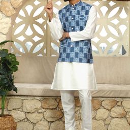 KRAFT INDIA Mandarin Collar Straight Kurta with Churidar & Printed Nehru Jacket-picture-48