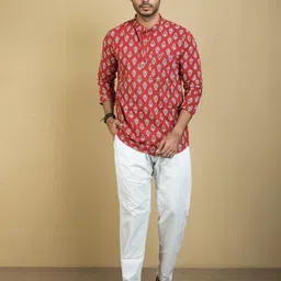 Tant Ghar Printed Khadi Mandarin Collar Thread Work Straight Kurta-image-39