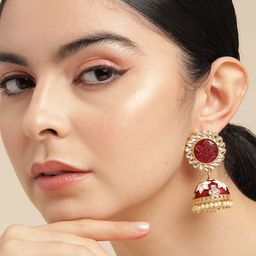 Anouk Gold-Plated Artificial Stones Studded and Beaded Meenakari Dome Shaped Jhumkas-5