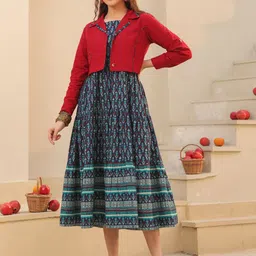 Rain & Rainbow Women Ethnic Motifs Printed Fit & Flare Dress With Jacket-picture-12