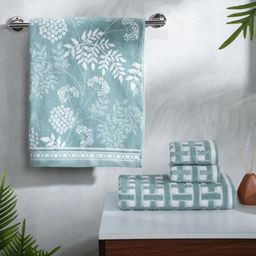 MYTRIDENT Blue & White 4 Pieces Floral Self Design 550 GSM Cotton Towel Set-14