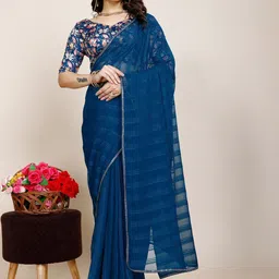 K 5 Fashion Striped Embroidered Pure Chiffon Saree-picture-52