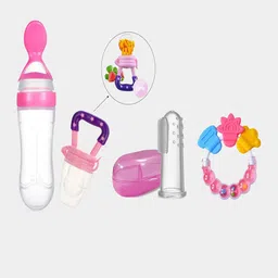 Kritiu Kids Set Of 8 Food & Rattle Teether Brush, Rattle Fruit & Nibbler - Pink-image-37