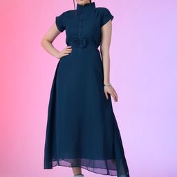 Femvy Women Cap Sleeves High Neck Fit & Flare Maxi Dress-image-25