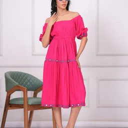 JC4U Women Embroidered Off-Shoulder Fit & Flare Dress-image-35