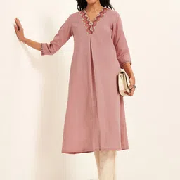RANGMANCH BY PANTALOONS Striped Embroidered Mirror Work V-Neck A-Line Pure Cotton Kurta-picture-26