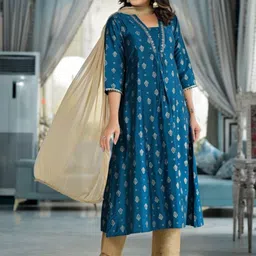 Juniper Ethnic Motifs Printed Sequinned A-Line Kurta With Trousers & Dupatta image 2