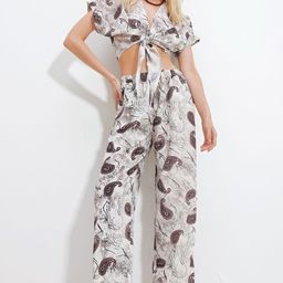 Trend Alacati stili Paisley Printed V-Neck Extended Sleeves Knotted Top With Trousers-image-29