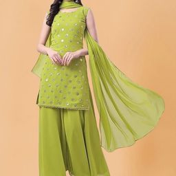 PARROT CREATION Geometric Embroidered Sequinned Georgette Kurti with Sharara And Dupatta-16