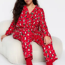 Trendyol Printed Lapel Collar Night Suits-image-14